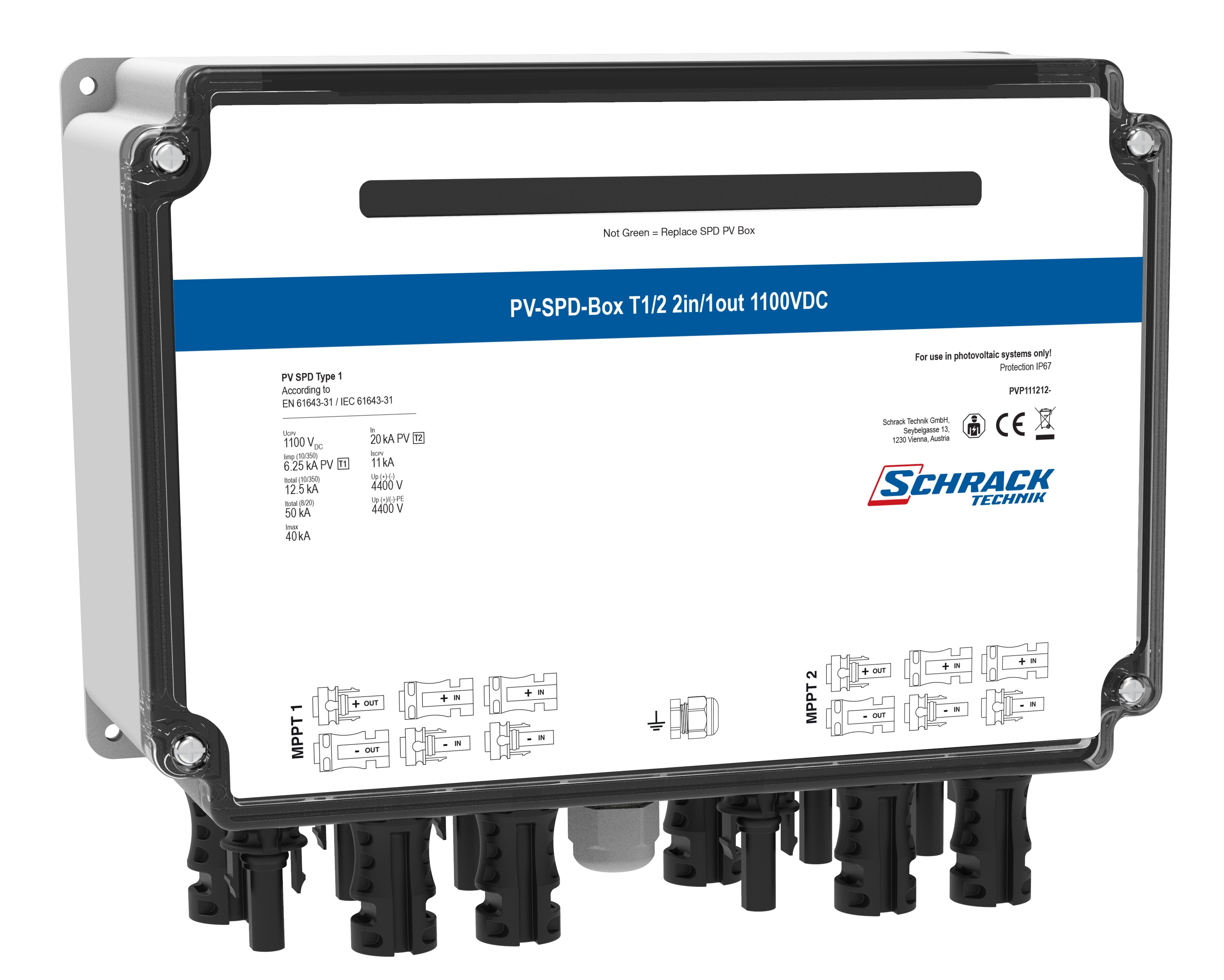 PV-SPD-Box T1/2, 2xIn/1xOut, 2x MPPT, 1100VDC, MC4 Anschluss