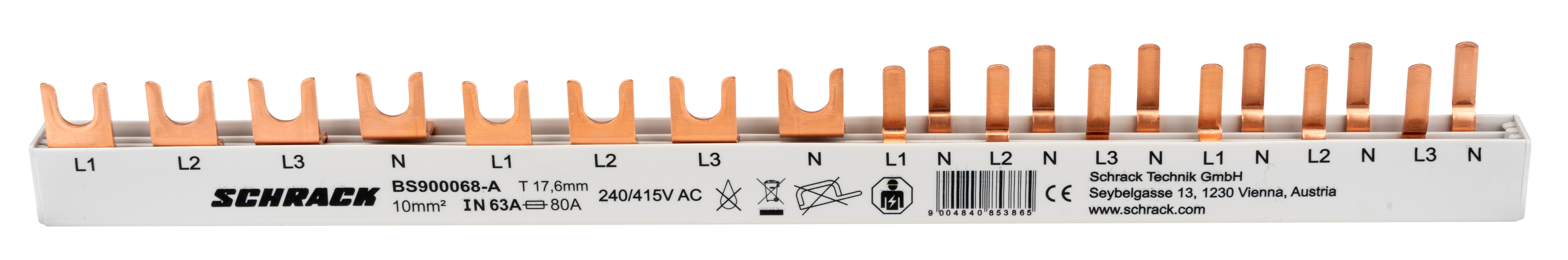 Foto: Verschienung, 1xFI 4-polig, 1xLS 3+N, 6xLS 1+N/1TE, 14TE (c) Schrack