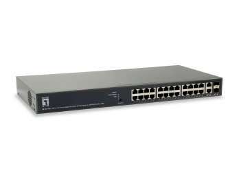 Foto: Switch 24xRJ45 1000 (PoE+) + 2xSFP/RJ45 1000 Combo, 19" 185W (c) Schrack