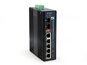 Foto: Hutschienen Switch 4xRJ45 (PoE+) + 1xRJ45/SFP + 1xSFP, 126W (c) Schrack