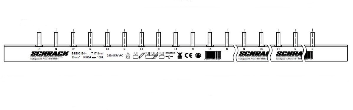 Stiftverschienung 4-polig, L1/N/L2/N/L3/N, 16mm²,1m