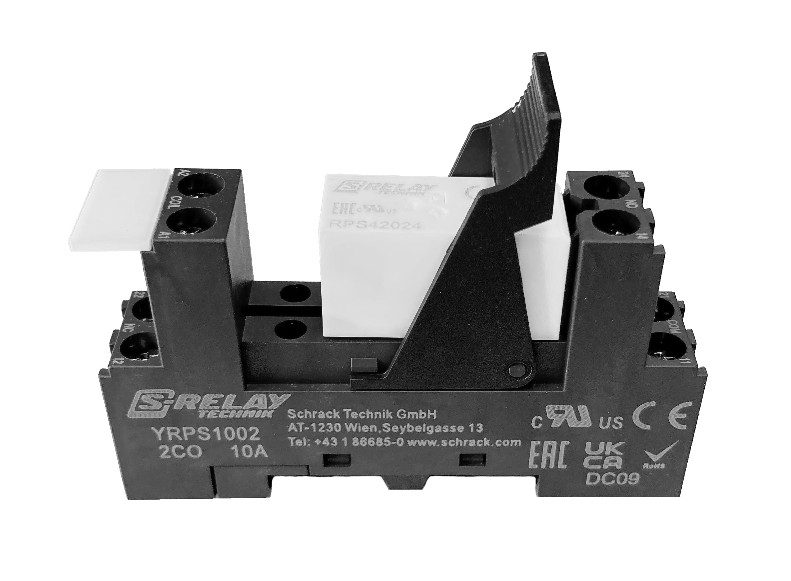 SET: Printrelais 2 Wechsler 8A, 24VDC, 5mm/Sockel/Haltebügel